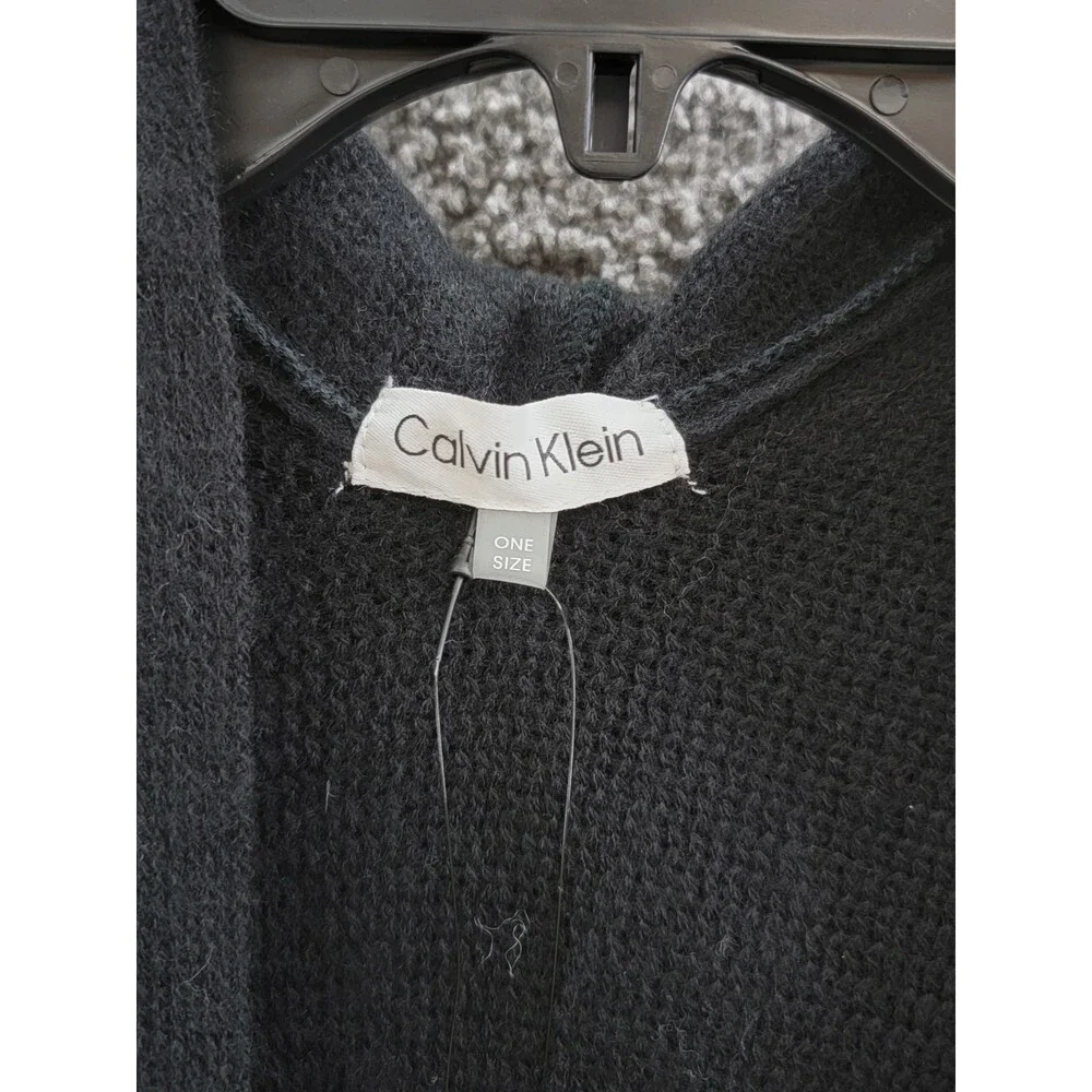Calvin Klein Knit Hooded Cardigan Sweater Women's One Size Black Fringe Trim - Picture 8 of 15